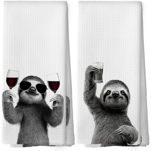 Funny Sloth Wine Bar Kitchen Dish Towels, Sloth Gifts for Women Men, Animal Lover Gifts, Funny Animal Wine Beer Hand Towels Kitchen Tea Towel Decorations for Home Bar Cart, 16x24inch Set of 2