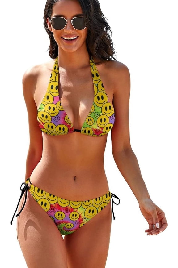 Funny Smiley Faces Tie Dye Women Two Piece Swimsuit, Sexy Swimwear Halter, String Triangle Bikini Sets