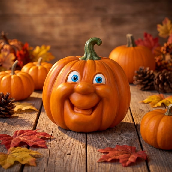 Funny Smiling Pumpkin Figurine, Whimsical Halloween Tabletop Decor for Home, Office and Festive Holiday Party Decoration (5.9-inch)