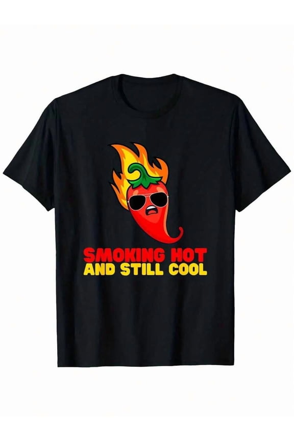 Funny Smoking Hot & Still Cool Graphic Tee - Men's Black T-Shirt With Chili Pepper Design, Heavyweight 180gsm Cotton Shirt For Parties, Casual Attire - Sizes S-XXXL, Weekend Style, Playful Print, Bre