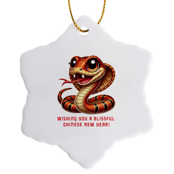 3drose, Funny Snake Wishes a Blissful Chinese New Year 2025. a Gift for All, 3 inch Snowflake Porcelain Ornament