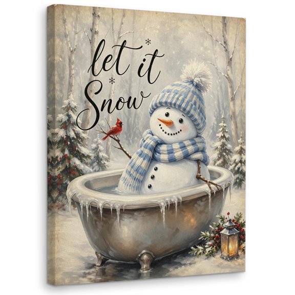 Funny Snowman Bath Canvas Wall Art, Cute Snowman in Bubble Tub with Cardinal and Let It Snow Text, Christmas Bathroom Decor for Powder Room Toilet