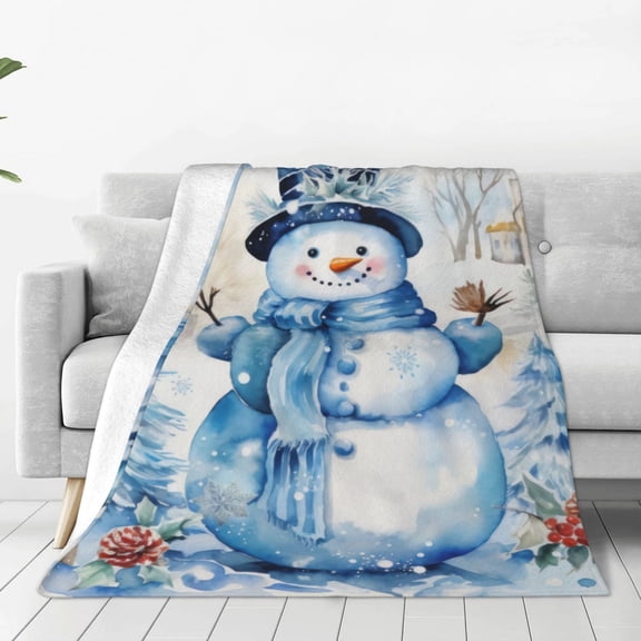 Funny Snowman With Blue Hat Printed Throw Blanket，Kids Adults Soft Lightweight Flannel Fleece Blanket for Couch Sofa Bed Living Room 40"×50"