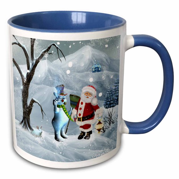 3drose, Funny Snowman with Santa Claus, 15oz Two-tone Blue Mug