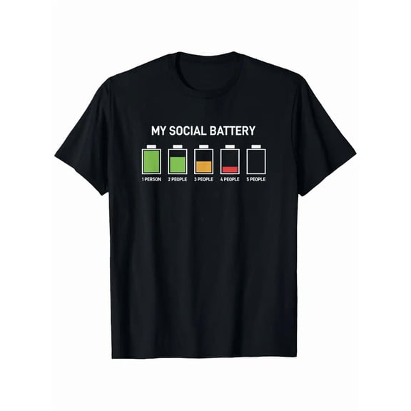 Funny Social Battery Graphic T-Shirt - Sarcastic -Social Humor Gift with 0-100% Battery Bars & Funny Text - Lightweight Casual Round Neck Short Sleeve Tee for Men & Women