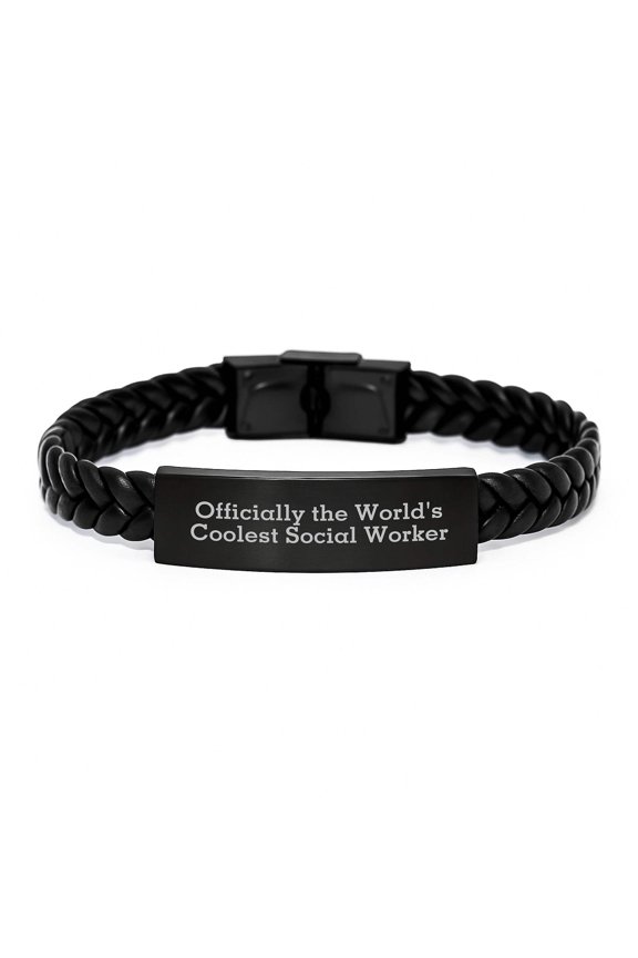Funny Social Worker Gifts from Friends for Men - Officially The World's Coolest Social Worker Quote Interlaced Leather Bracelet for Christmas Unique