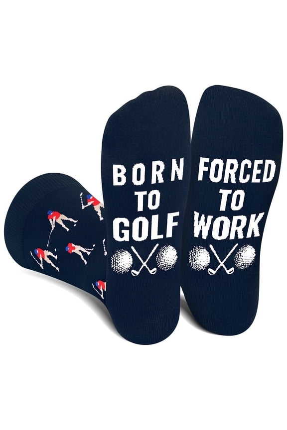 Funny Golf Ball Socks for Men Women Dad Teen Boys - BORN TO GOLF FORCED TO WORK Crazy Silly Novelty Funky Cool Socks- Golfer Accessories Birthday Fathers Christmas Fun Gifts Stocking Stuffers