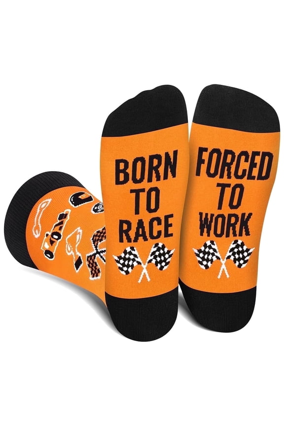Funny Race Car Socks for Men Women Dad Teen Boys-BORN TO RACE FORCED TO WORK Novelty Cool Crazy Silly Funky Socks-Racing Fans Motorcycle Birthday Fathers Christmas Fun Gifts Stocking Stuffers