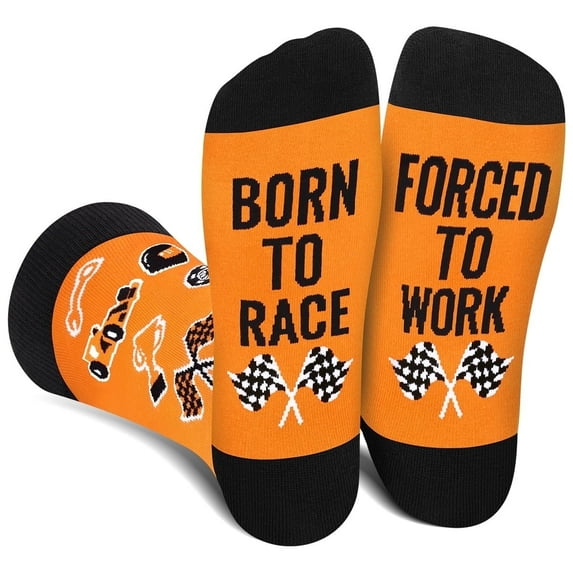 Funny Race Car Socks for Men Women Dad Teen Boys-BORN TO RACE FORCED TO WORK Novelty Cool Crazy Silly Funky Socks-Racing Fans Motorcycle Birthday Fathers Christmas Fun Gifts Stocking Stuffers