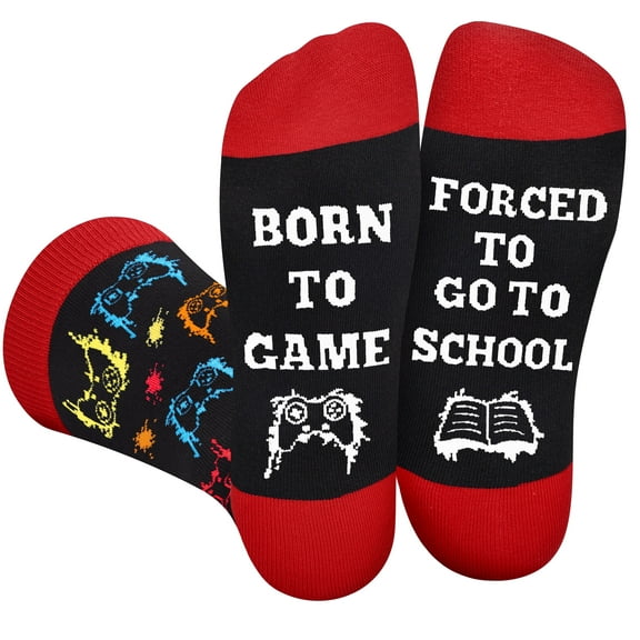 Funny Gaming Socks for Men Women Teenage Boys -BORN TO GAME FORCED TO GO TO SCHOOL Novelty Fun Crazy Silly Socks -Gamer Birthday First Day at School Student Gift Ideas Christmas Stocking Stocking