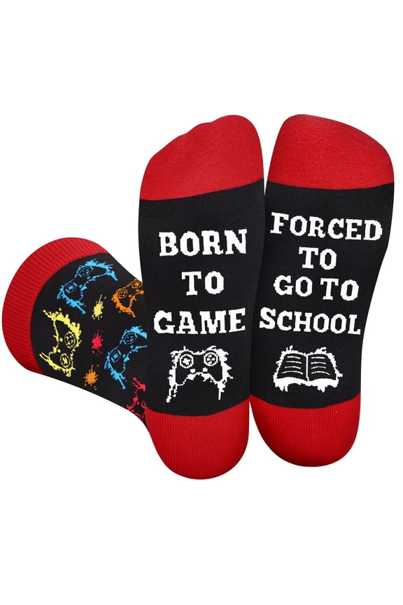 Funny Gaming Socks for Men Women Teenage Boys -BORN TO GAME FORCED TO GO TO SCHOOL Novelty Fun Crazy Silly Socks -Gamer Birthday First Day at School Student Gift Ideas Christmas Stocking Stocking