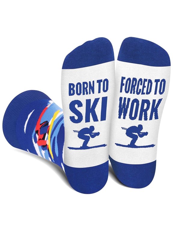 Funny Ski Socks for Men Women Teenage Boys - BORN TO SKI FORCED TO WORK Crazy Silly Novelty Funky Snowboard Socks for Skiers - Skiing Accessories Birthday Fathers Fun Gift Christmas Stocking Stuffers