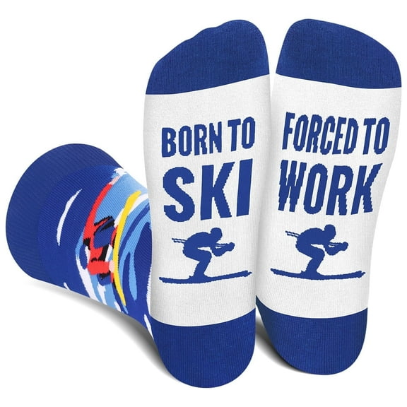 Funny Ski Socks for Men Women Teenage Boys - BORN TO SKI FORCED TO WORK Crazy Silly Novelty Funky Snowboard Socks for Skiers - Skiing Accessories Birthday Fathers Fun Gift Christmas Stocking Stuffers