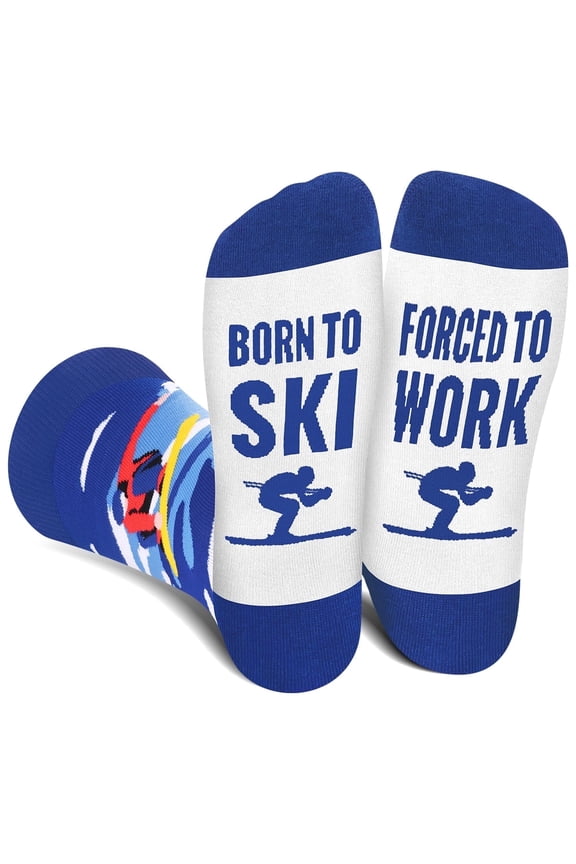Funny Ski Socks for Men Women Teenage Boys - BORN TO SKI FORCED TO WORK Crazy Silly Novelty Funky Snowboard Socks for Skiers - Skiing Accessories Birthday Fathers Fun Gift Christmas Stocking Stuffers