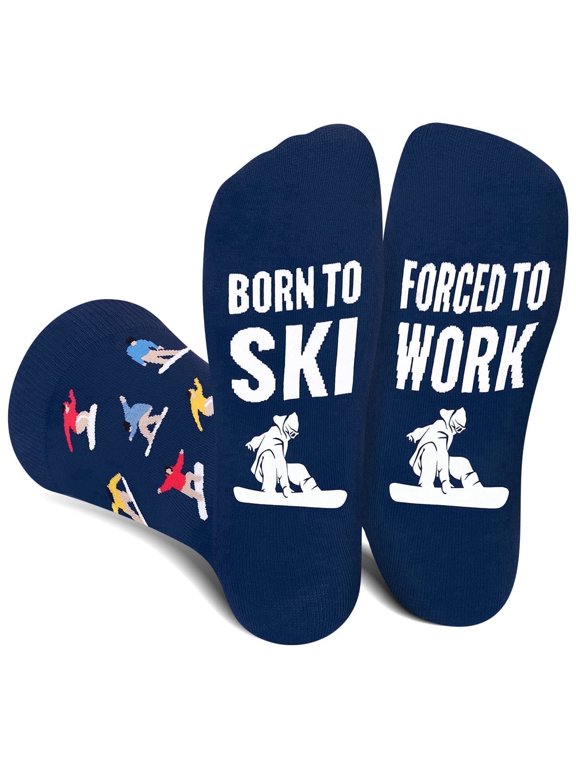 Funny Ski Socks for Men Women Teenage Boys - BORN TO SKI FORCED TO WORK Crazy Silly Novelty Funky Snowboard Socks for Skiers - Skiing Accessories Birthday Fathers Fun Gift Christmas Stocking Stuffers