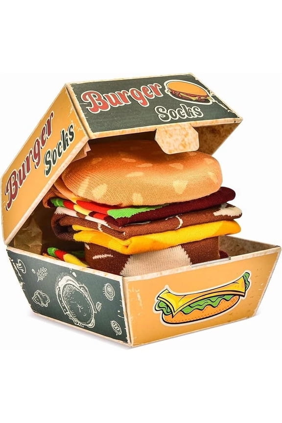 Burger Socks Box Stocking Stuffers For Men Teen Boys Dad Women-Easter Funny Gifts Vintage Hamburger Novelty Crazy Silly Socks Boxes- Fathers White Elephant Birthday Gag Christmas Gifts 2 Pairs
