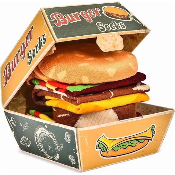 Burger Socks Box Stocking Stuffers For Men Teen Boys Dad Women-Easter Funny Gifts Vintage Hamburger Novelty Crazy Silly Socks Boxes- Fathers White Elephant Birthday Gag Christmas Gifts 2 Pairs