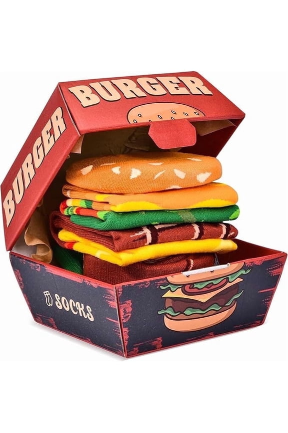 Funny Burger Socks Box for Men Dad Women Teen Boys -Funny Gifts Hamburger Novelty Funky Crazy Silly Cool Food Socks -Fathers Valentines Day Birthday Gag Christmas Gift Ideas Stocking Stuffers