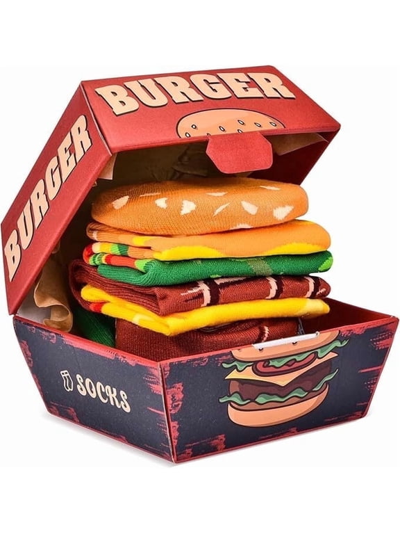 Funny Burger Socks Box for Men Dad Women Teen Boys -Funny Gifts Hamburger Novelty Funky Crazy Silly Cool Food Socks -Fathers Valentines Day Birthday Gag Christmas Gift Ideas Stocking Stuffers