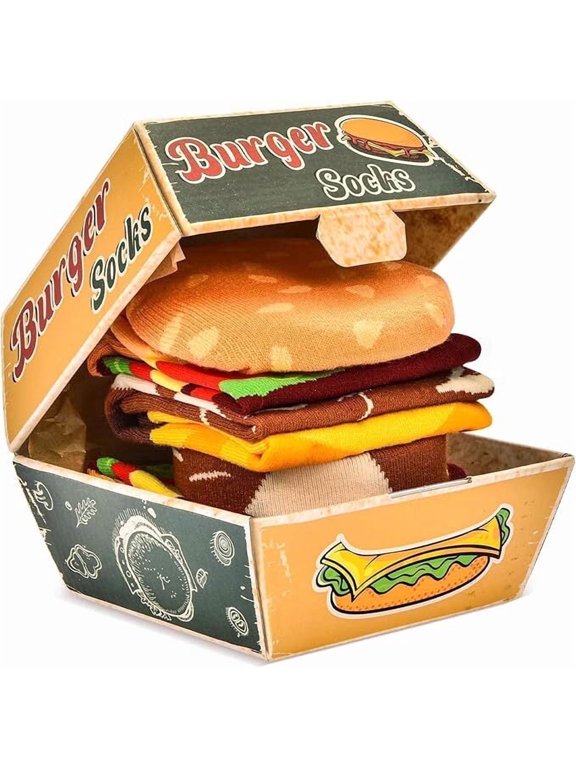 Burger Socks Box Stocking Stuffers For Men Teen Boys Dad Women-Easter Funny Gifts Vintage Hamburger Novelty Crazy Silly Socks Boxes- Fathers White Elephant Valentine Birthday Gag Christmas Gifts