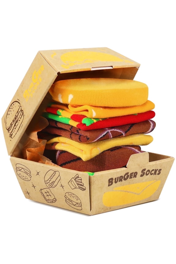 Funny Burger Socks Box for Men Dad Women Teen Boys - Funny Gifts Hamburger Fun Novelty Funky Crazy Silly Cool Cute Food Socks-Fathers Valentines Day Birthday Gag Christmas Gifts Stocking Stuffers L