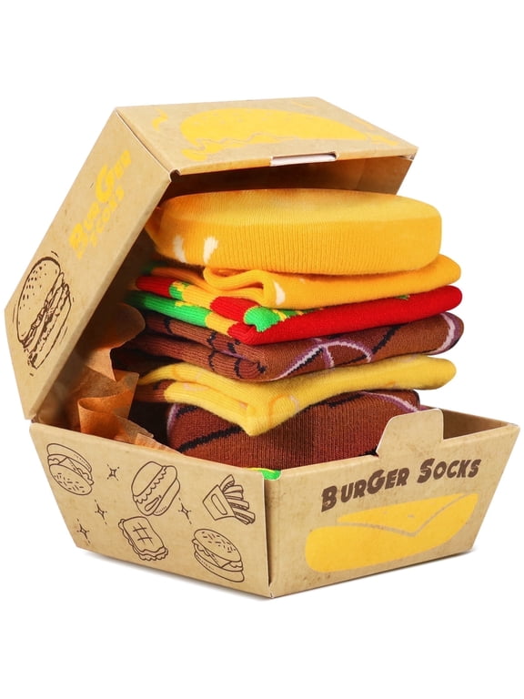 Funny Burger Socks Box for Men Dad Women Teen Boys - Funny Gifts Hamburger Fun Novelty Funky Crazy Silly Cool Cute Food Socks-Fathers Valentines Day Birthday Gag Christmas Gifts Stocking Stuffers L