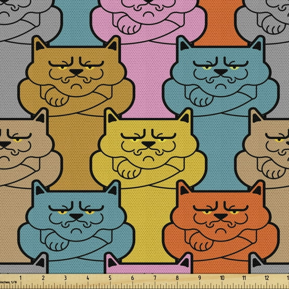 Funny Sofa Upholstery Fabric by the Yard, Colorful Continuous Pattern of Grumpy Face Cats Cool Angry Pet Cartoon Graphic, Decorative Fabric for DIY & Home Accents, 3 Yards, Multicolor by Ambesonne
