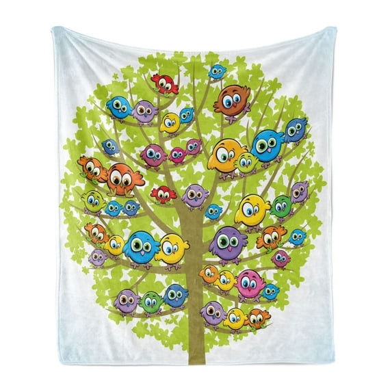 Funny Soft Flannel Fleece Blanket, Cartoon Group of Fun Colorful Canary Bird Family on Oak Branches Animal Illustration, Cozy Plush for Indoor and Outdoor Use, 50" x 60", Multicolor, by Ambesonne