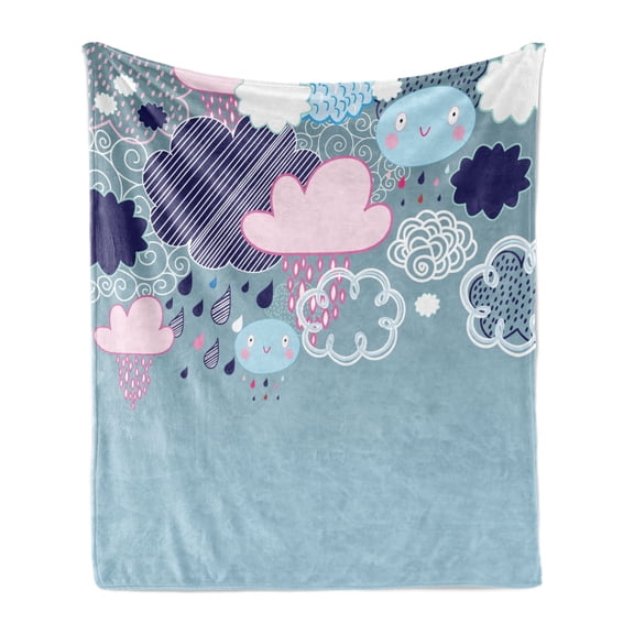 Funny Soft Flannel Fleece Blanket, Clouds with Smiling Faces and Ornate Motifs Happiness Fun Rainy Season Graphic Image, Cozy Plush for Indoor and Outdoor Use, 50" x 70", Pink Blue, by Ambesonne