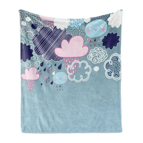 Funny Soft Flannel Fleece Blanket, Clouds with Smiling Faces and Ornate Motifs Happiness Fun Rainy Season Graphic Image, Cozy Plush for Indoor and Outdoor Use, 70" x 90", Pink Blue, by Ambesonne