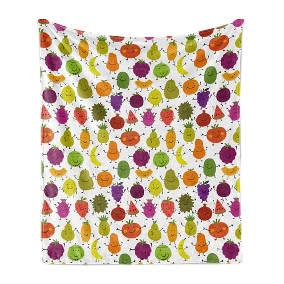 Funny Soft Flannel Fleece Blanket, Image of Colorful Humanized Smiling Fruit Characters in Continuous Pattern, Cozy Plush for Indoor and Outdoor Use, 60" x 80", White and Multicolor, by Ambesonne