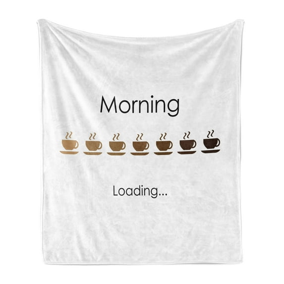Funny Soft Flannel Fleece Blanket, Morning Loading Typography with Cup of Hot Coffee Pictograms in Brown Color Palette, Cozy Plush for Indoor and Outdoor Use, 50" x 60", Multicolor, by Ambesonne