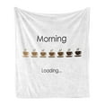 thumbnail image 1 of Funny Soft Flannel Fleece Blanket, Morning Loading Typography with Cup of Hot Coffee Pictograms in Brown Color Palette, Cozy Plush for Indoor and Outdoor Use, 50" x 70", Multicolor, by Ambesonne, 1 of 5