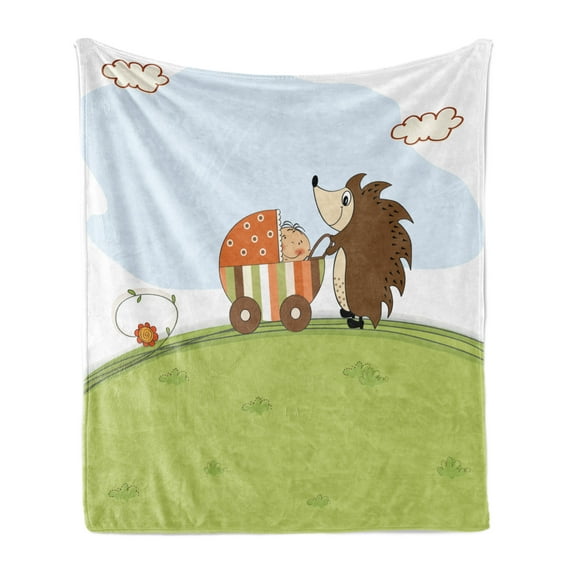 Funny Soft Flannel Fleece Throw Blanket, Baby Shower Theme a Hedgehog Pushing a Stroller with Baby Illustration, Cozy Plush for Indoor and Outdoor Use, 50" x 60", Green Baby Blue, by Ambesonne