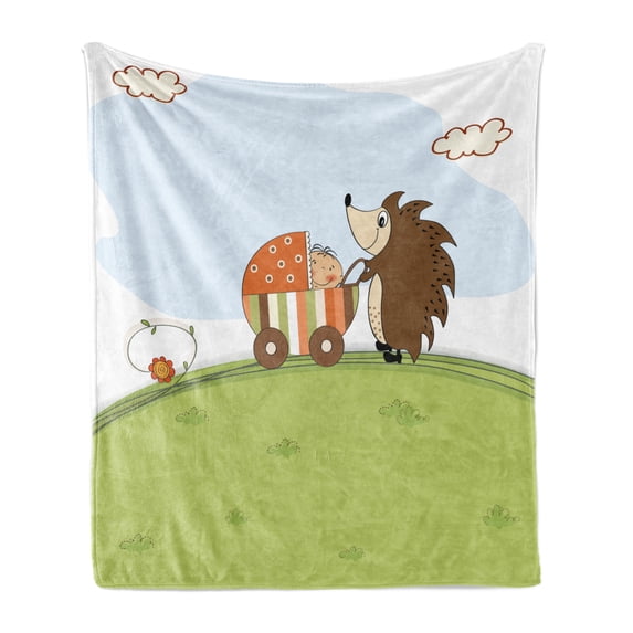 Funny Soft Flannel Fleece Throw Blanket, Baby Shower Theme a Hedgehog Pushing a Stroller with Baby Illustration, Cozy Plush for Indoor and Outdoor Use, 50" x 70", Green Baby Blue, by Ambesonne