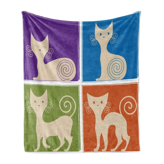 Funny Soft Flannel Fleece Throw Blanket, Cartoon Cats Whiskers Emotion Happy Confused Curious Kitty Print, Cozy Plush for Indoor and Outdoor Use, 50" x 70", Orange Purple Green, by Ambesonne