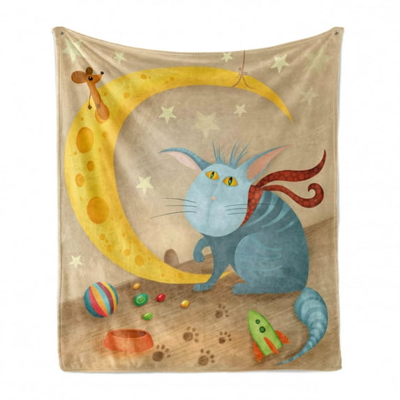 Funny Soft Flannel Fleece Throw Blanket, Cat and Mouse on Crescent Moon Shaped Cheese Paws Toys Kids Children Cartoon, Cozy Plush for Indoor and Outdoor Use, 70" x 90", Multicolor, by Ambesonne