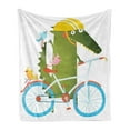 thumbnail image 1 of Funny Soft Flannel Fleece Throw Blanket, Green Crocodile Yellow Hat Going for a Bike Ride with Friends Cartoon Kids Nursery, Cozy Plush for Indoor and Outdoor Use, 50" x 70", Multicolor, by Ambesonne, 1 of 5