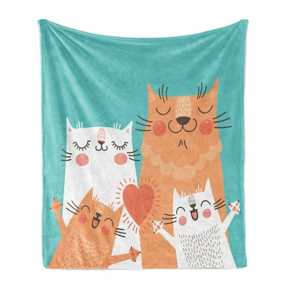 Funny Soft Flannel Fleece Throw Blanket, Kitten Couple Happy Paws Loving Heart with Family Cats Poster Style Animal, Cozy Plush for Indoor and Outdoor Use, 70" x 90", Multicolor, by Ambesonne