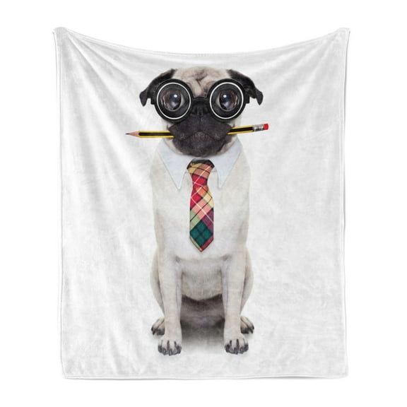 Funny Soft Flannel Fleece Throw Blanket, Nerdy Pug Dog Sitting Whimsical Eyeglasses and a Pencil in His Mouth, Cozy Plush for Indoor and Outdoor Use, 70" x 90", Dark Grey and Multicolor, by Ambesonne