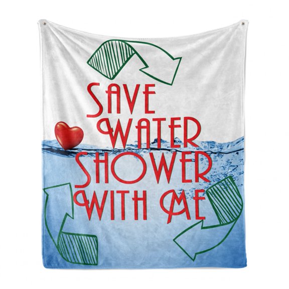 Funny Soft Flannel Fleece Throw Blanket, Save Water Shower with Me Lettering Heart and Pointers Illustration, Cozy Plush for Indoor and Outdoor Use, 50" x 70", Blue Vermilion and Green, by Ambesonne