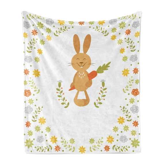 Funny Soft Flannel Fleece Throw Blanket, Summer Illustration with Smiling Little Rabbit Carrots and Flowers Happy Bunny, Cozy Plush for Indoor and Outdoor Use, 50" x 70", Multicolor, by Ambesonne