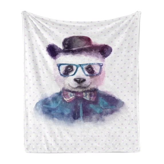 Funny Soft Flannel Fleece Throw Blanket, Vintage Hipster Panda with Bow Tie Dickie Hat Horn Rimmed Glasses Watercolor Style, Cozy Plush for Indoor and Outdoor Use, 50" x 70", Black Blue, by Ambesonne