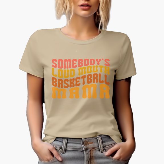 Funny Somebody's Loud Mouth Basketball Mama, Groovy Retro Wavy Text Merch Gift, Tan T-Shirt, Small