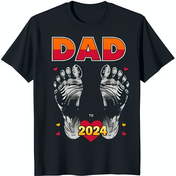Funny Soon to Be Dad T-Shirt Dark Blue with Footprints & Hearts 2024 Announcement