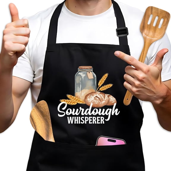 Funny Sourdough Aprons for Women, Sourdough Whisperer, Adjustable Baking Black Chef Aprons with Pockets, Humor Baking Gifts for Mom Wife, Birthday Gifts for Hostess Chef Friend Bake Lover