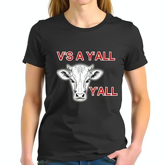 Funny Southern Cow Graphic T-Shirt - "V's A Y'ALL" Red Text on Black Tee - Country Style