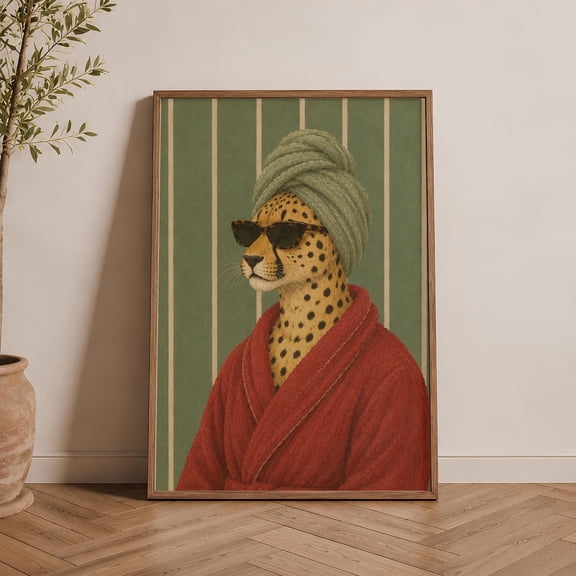 Funny Spa Cheetah Art, Red Bathrobe Animal Print, Preppy Guest Bath Poster (Download), Poster Only