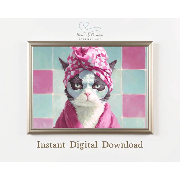 Funny Spa Day Cat Art: Grumpy Feline Retro Bathroom Print, Funny Bathroom Wall Art, Cat Lady Gift #344, Unframed Poster Size 8x12