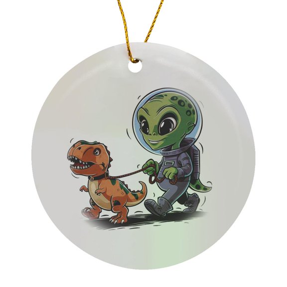 3drose, Funny Space Alien Walking Pet Baby T-rex Dinosaur on Leash, Circle Porcelain Ornament